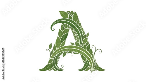 Elegant green letter A design with leaf and vine embellishments on white background