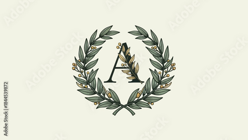 Elegant Laurel Wreath Emblem with the Letter A on a Creamy Background