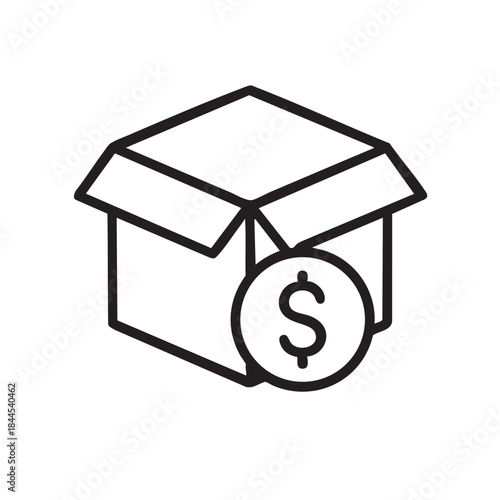 An open cardboard box with a dollar sign symbol inside depicting commerce and financial transactions clearly