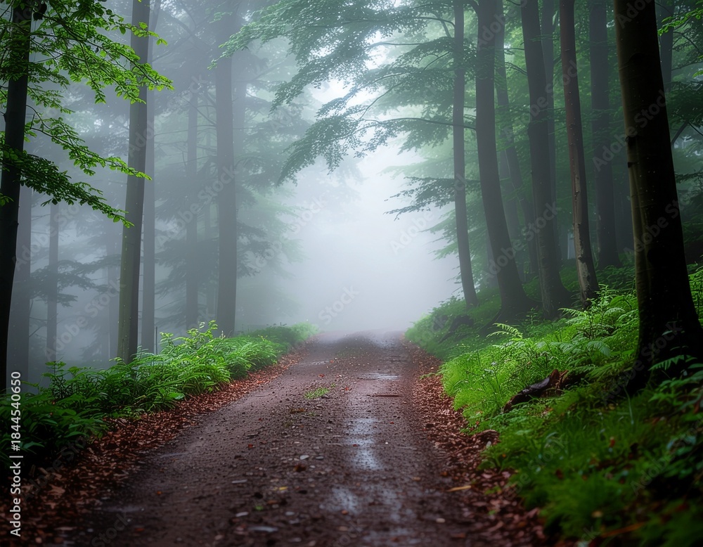 Fototapeta premium Misty Forest Path - Serene Woodland Trail Winding Through Verdant Trees on a Foggy Day