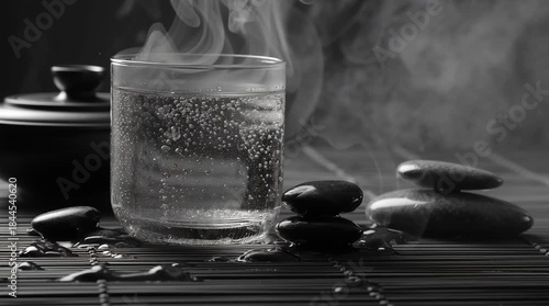 Hot water glass with steam and smooth black spa stones stacked on bamboo mat creating calm relaxation wellness meditation atmosphere with gentle bubbles and blurred ceramic pot background