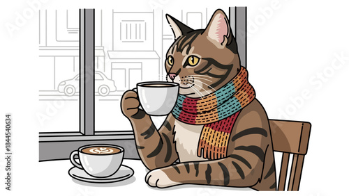 Cozy tabby cat by the window wearing a colorful scarf enjoying tea indoors.