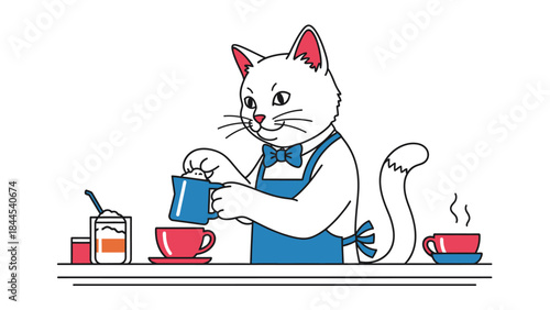 Whimsical white cat barista preparing coffee in a cozy kitchen illustration.