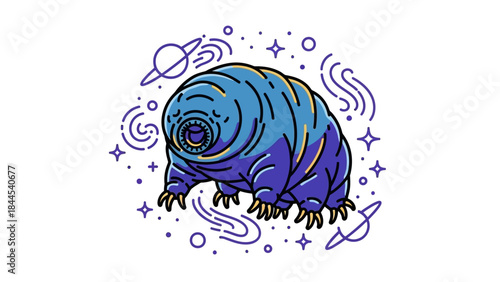 Cosmic blue pill bug curled up in space among planets and stars.