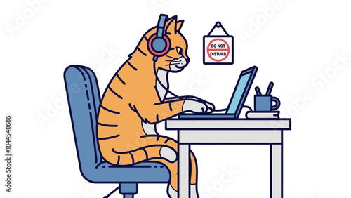 Playful orange striped cat working at a desk with laptop and mug.