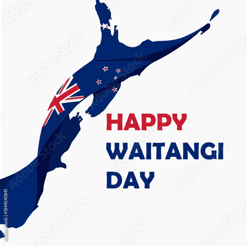 Vector illustration of New Zealand native inhabitant Maori's mask and British and New Zealand flags with lettering on white background. New Zealand Waitangi Day on the 6th of February.