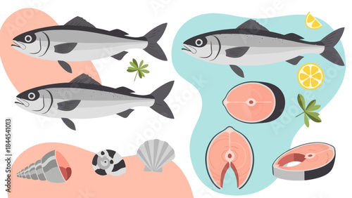 Illustration of Fresh Fish Varieties with Seafood and Lemon Slices