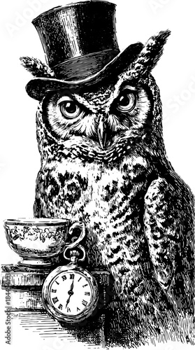 Owl in vintage style wearing a hat with a teacup and clock. Detailed black and white vector illustration depicting a sophisticated animal portrait.