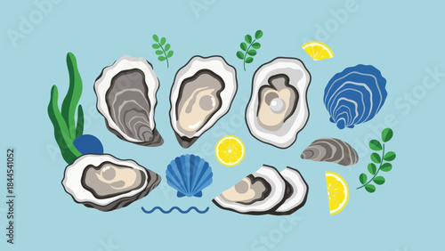 Colorful Illustration of Assorted Fresh Oysters with Lemon and Garnishes