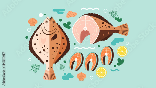 Colorful and Playful Illustration of Flounder Fish with Seafood Elements