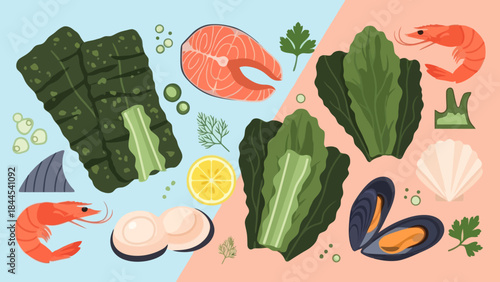 Fresh seafood and leafy vegetables arranged for a nutritious meal balanced diet