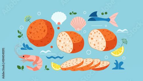 Delicious and colorful seafood with bread and zest on a bright blue background