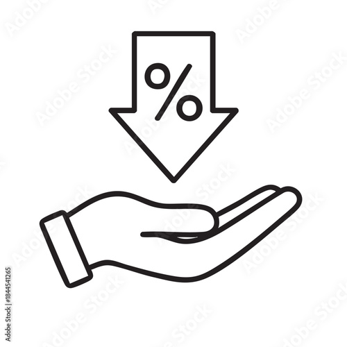 A hand is shown open receiving a downward pointing arrow containing a percentage symbol indicating a decline
