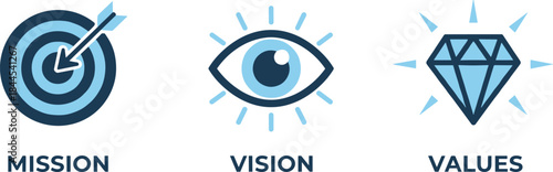 Corporate business icons illustrating the core strategic elements of Mission (target), Vision (eye), and Values (diamond), representing company goals, future direction, and ethical principles.