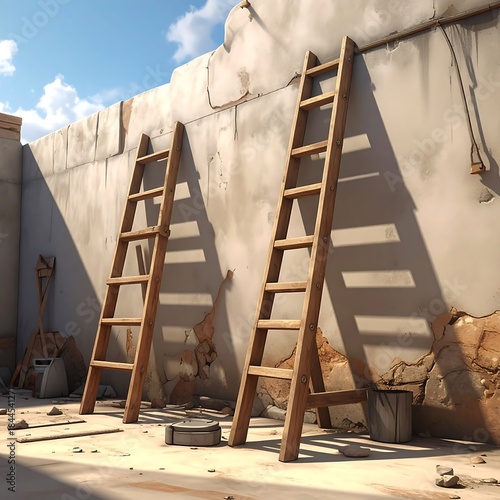 Two wooden ladders lean against a weathered wall, casting shadows. Blue sky backdrop