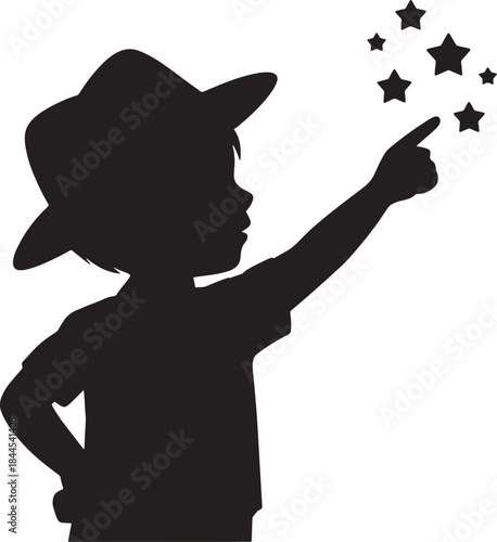 silhouette with wand boy hat  and stars standing in suit