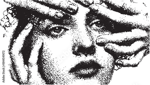 Portrait of a female face with hands, showcasing black and white artistic style. Minimal vector illustration emphasizing emotion and expression.