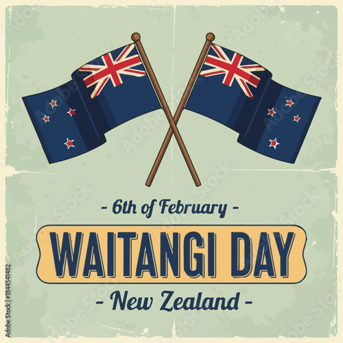Vector illustration of New Zealand native inhabitant Maori's mask and British and New Zealand flags with lettering on white background. New Zealand Waitangi Day on the 6th of February.