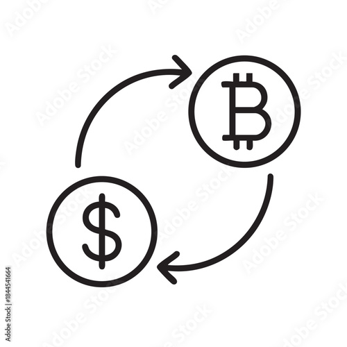 The image depicts a circular exchange between a dollar sign and a bitcoin symbol representing financial conversion