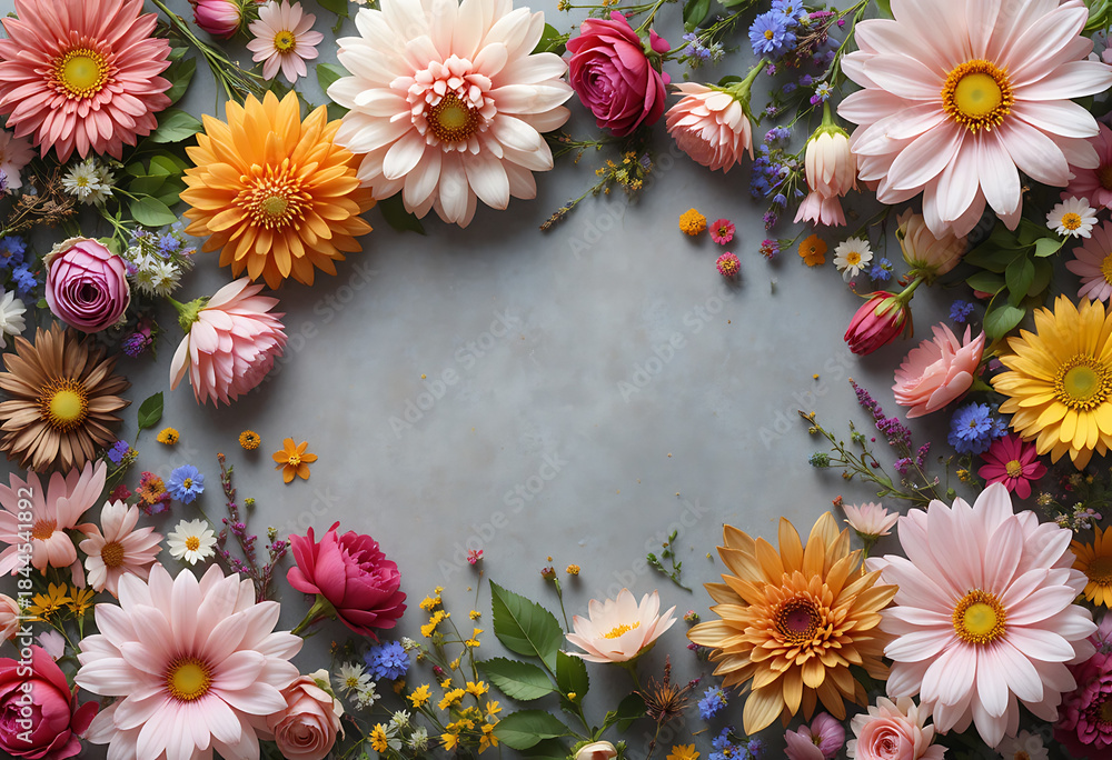 Fototapeta premium Colorful flowers arranged in a circle on a gray background pink yellow
