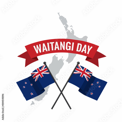 Vector illustration of New Zealand native inhabitant Maori's mask and British and New Zealand flags with lettering on white background. New Zealand Waitangi Day on the 6th of February.