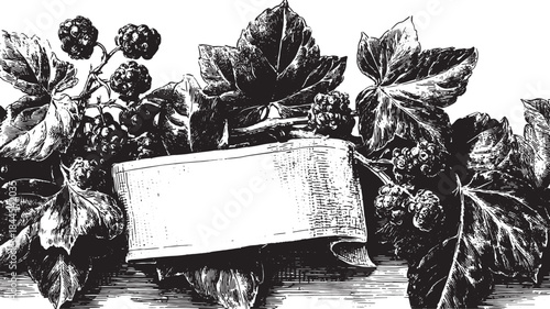 Blackberry plant illustration featuring leaves and fruit in a vintage style. This vector illustration set includes detailed foliage on a white background.