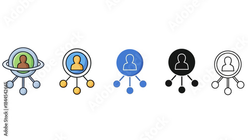 A series of sleek icons representing individuals connected through networks in various styles