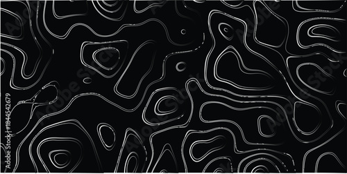Abstract black and white topographic contour map with glowing white lines and subtle gray shading, creating a dramatic and modern background for design