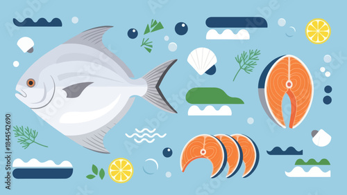 Fresh seafood collection featuring fish salmon shrimp lemon and ice