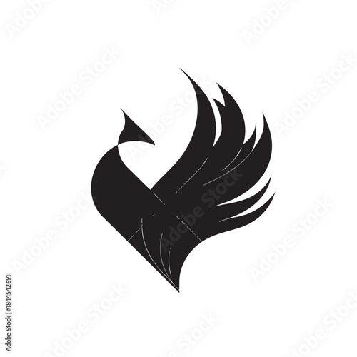 Stylized black bird form composed of bold shapes and sweeping lines against a white background