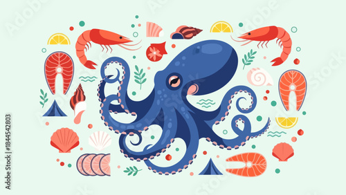 Colorful Illustration of Marine Life Including Octopus and Shrimp