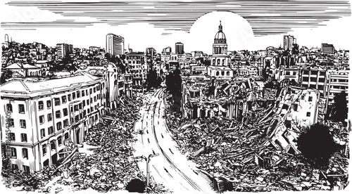 Destruction in a cityscape with ruined buildings. Black and white vector illustration depicting urban decay and devastation at sunset.