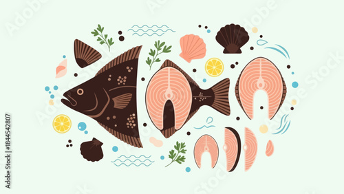 Assorted Fresh Seafood Varieties Displayed on a Light Background for Marine