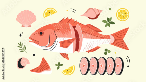Vibrant illustration of fresh seafood featuring a whole fish and sushi slices
