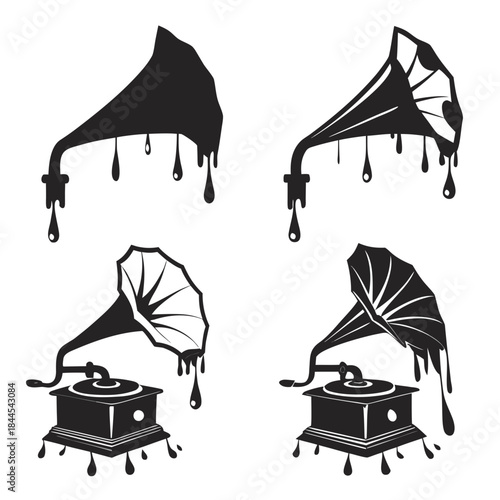 Four black gramophone silhouettes with dripping liquid
