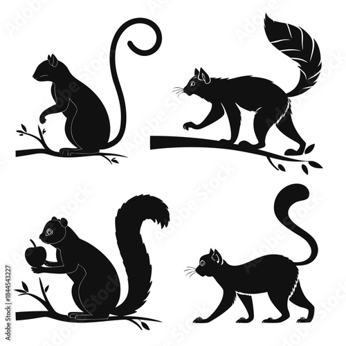 Four black cartoon squirrel silhouettes on white background