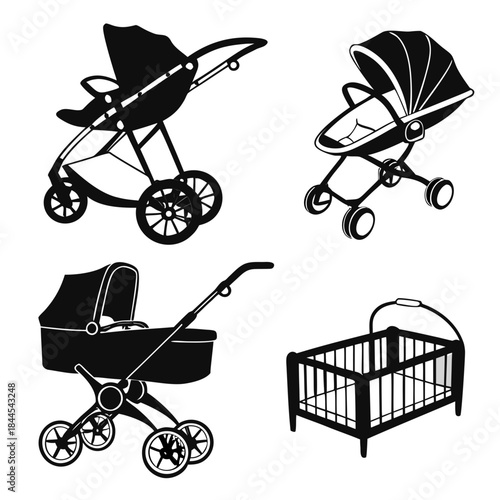 Four black baby strollers and one cradle silhouette