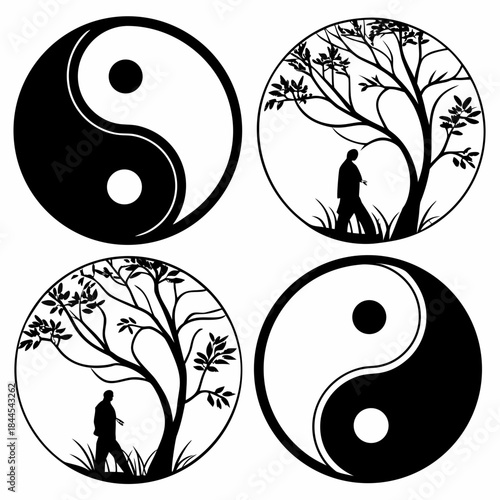 Four black and white yin yang inspired circular graphics