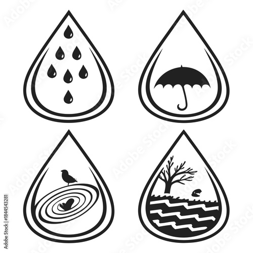 Four black and white water drop icons with nature scenes