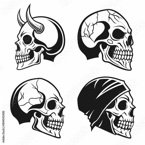Four black and white skull illustrations with horror themes 1