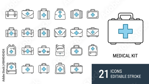 Medical kit icons collection in various designs and styles on a clean white background for healthcare and emergency services