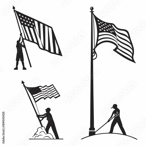 Four black and white silhouettes of people raising American flags