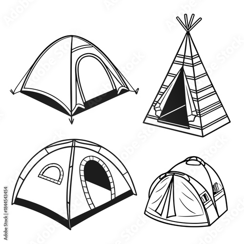 Four black and white silhouette camping tents outdoor