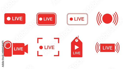 Collection of red live streaming icons on a white background showcasing various designs and shapes