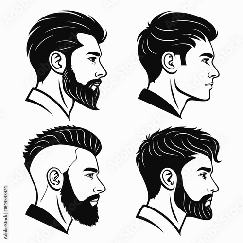 Four black and white male profile silhouettes hair beard styles