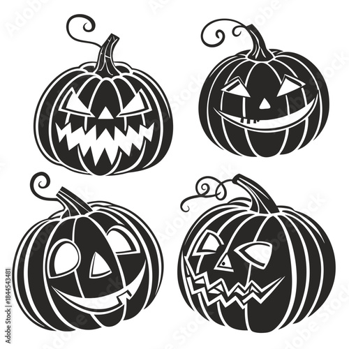 Four black and white jack o lantern pumpkins with stylized faces