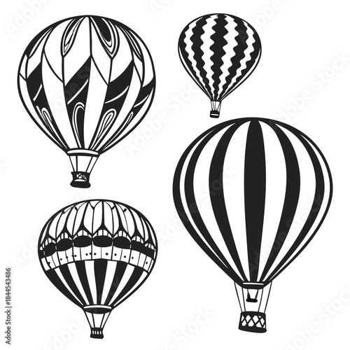 Four black and white hot air balloon silhouettes with patterns