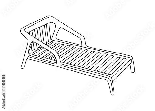 Clean black and white line art illustration of a modern chaise lounge chair with sleek curves and architectural design.