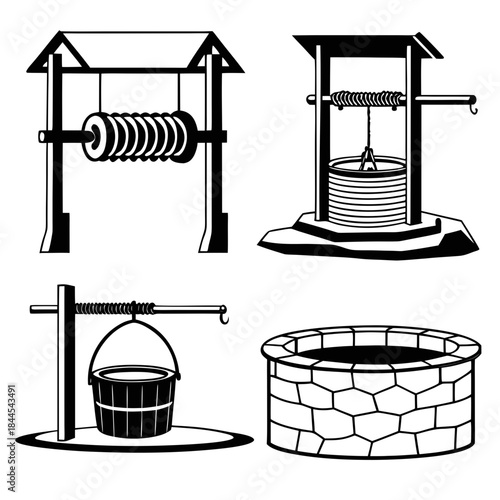 Four black and white illustrations of water wells drawing