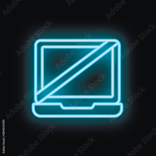 Neon blue icon of a laptop with a diagonal line through it on a black background